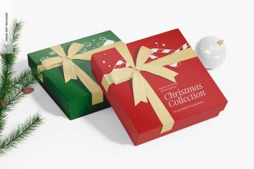 Square Christmas Gift Boxes Mockup, Perspective