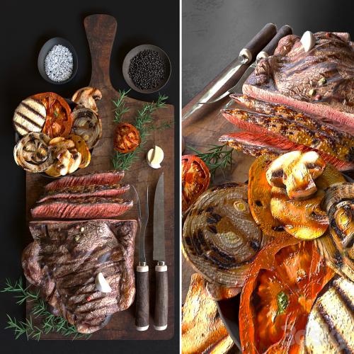 Baked meat with grilled vegetables with spices. meat plate