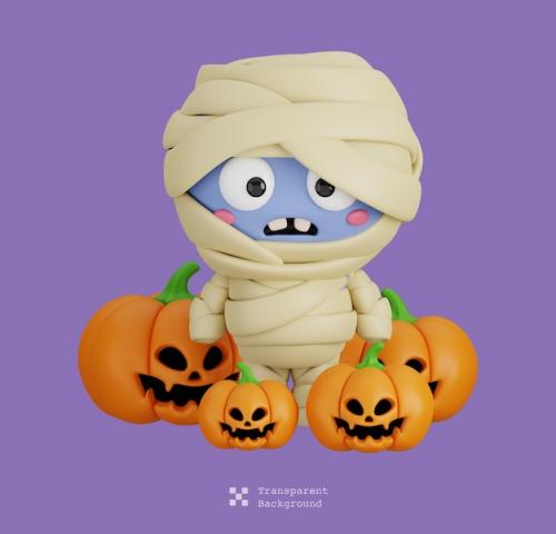Funny Halloween Cartoon Character Mummy With Pumpkin Lanterns Isolated 3d Render Illustration