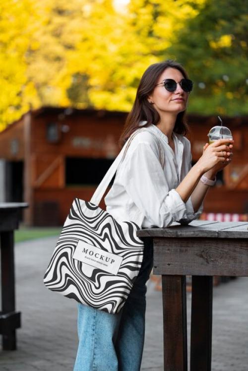 Side View Woman With Optical Print Tote Bag