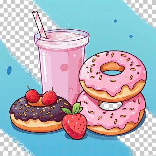 A Drawing Of Two Donuts And A Pink Drink With A Straw In The Middle.