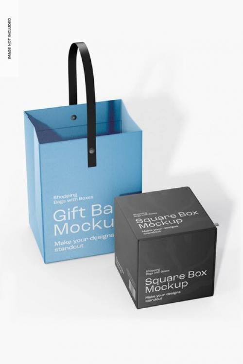 Square Box With Gift Bag Mockup, Perspective