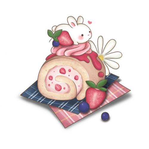 Strawberry Rollcake And Cute Little Bunny Illustration