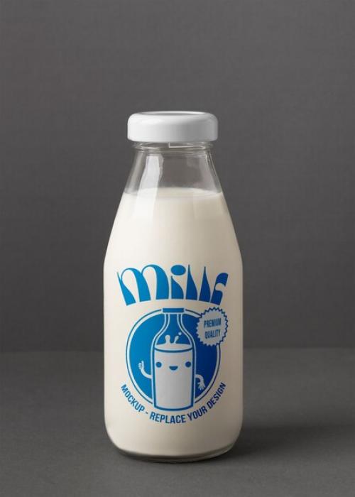 Glass Bottle Mockup With Milk Inside
