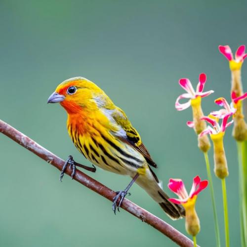 A Bird With A Yellow Head And Red Feathers Sits On A Branch With A Flower In The Background