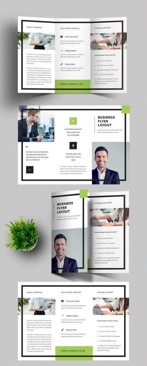 Adobe Stock - Trifold Brochure Layout with Black Frame and Green Accent - 332492748