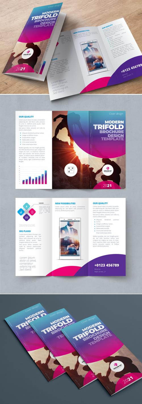 Adobe Stock - Purple, Pink, and Blue Gradient Trifold Brochure Layout with Circles - 334852753