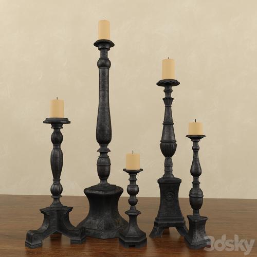 Florentine Carved Wood Candlesticks Black