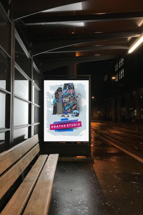 Psd Bus Stop Mockup At Night In The City