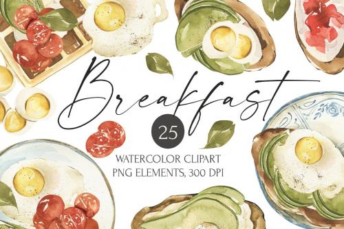 Watercolor Breakfast clipart. Healthy food images