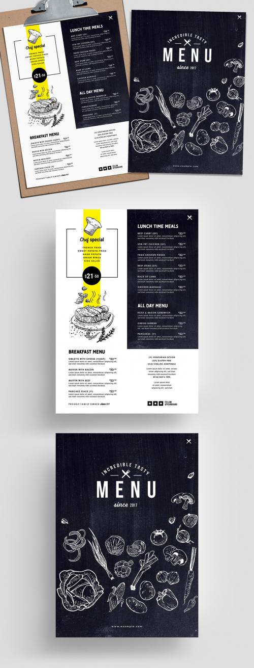 Adobe Stock - Food Menu Layout with Chalkboard Texture and Illustrations - 342167605