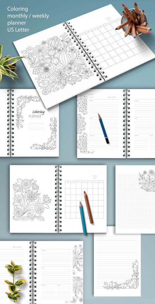 Adobe Stock - Weekly and Monthly Coloring Planner Layout - 342418896
