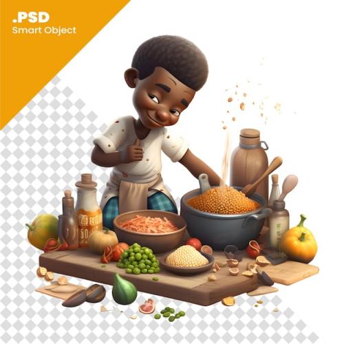 Illustration Of A Black Boy Cooking Pasta With Vegetables On A White Background Psd Template
