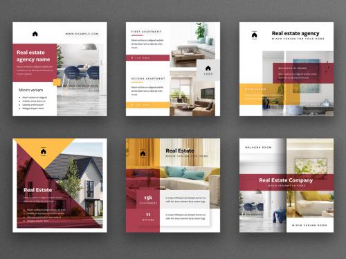 Adobe Stock - Real Estate Social Media Post Layout Set with Red and Yellow Accents - 346238163