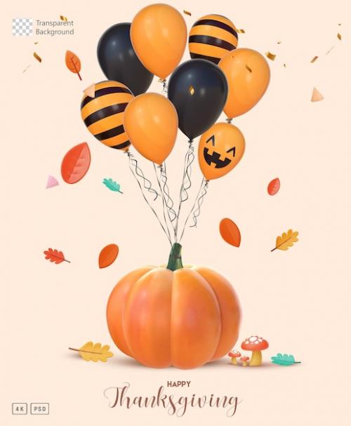 Thanksgiving Poster Template With 3d Rendering Pumpkin With Balloons And Falling Autumn Leaves
