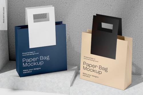 Paper Bags On Concrete Background Mockup Perspective