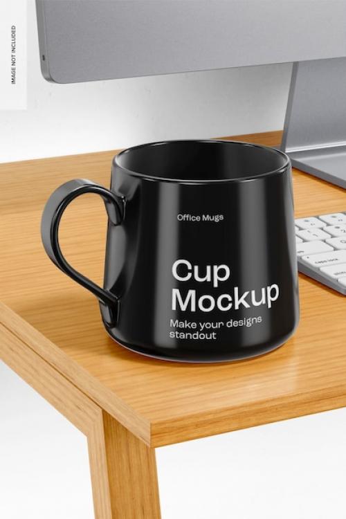 Cup On Wooden Desk Mockup Left View