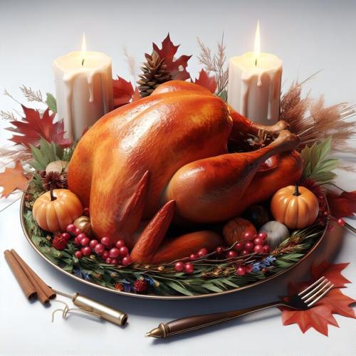 Roasted Turkey On A Plate With Candle Decoration And Maple Leaves Isolated On A White Background