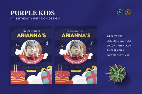 Purple Kids Birthday Invitation