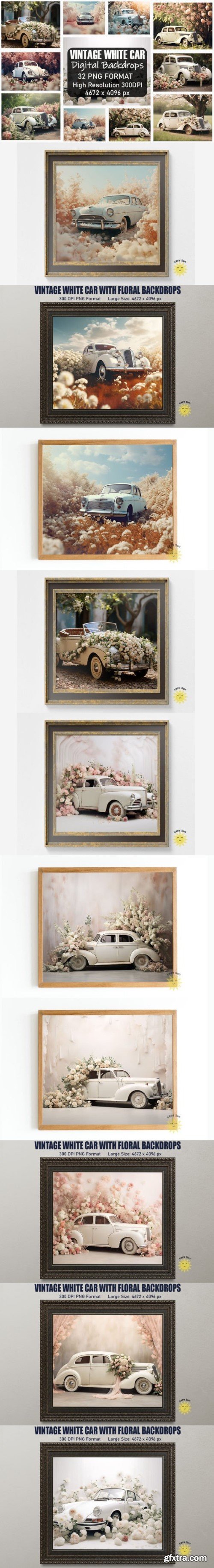 Vintage White Car with Floral Backdrops
