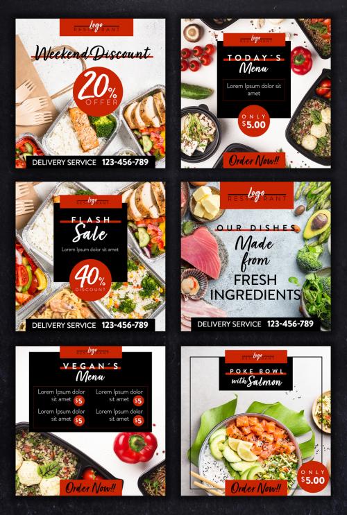 Adobe Stock - Restaurant Social Media Layout Set with Red and Back Accents - 354401647