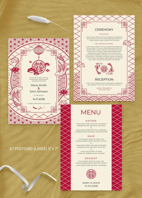 Adobe Stock - Illustrated Asian Wedding Invitation Flyer with Chinese Patterns - 363362717