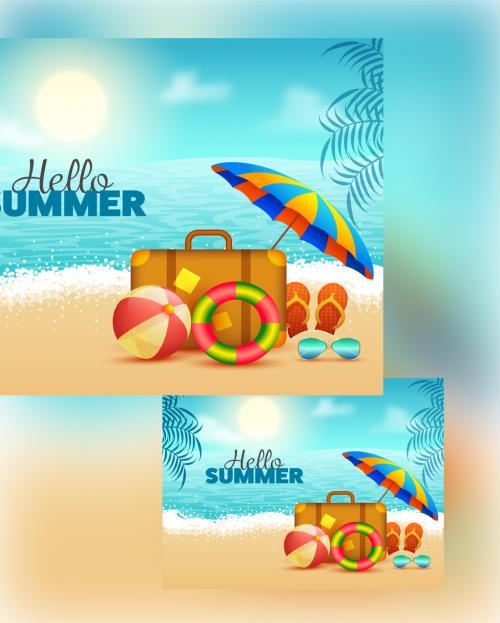 Adobe Stock - Beach View with 3D Elements for Summer Concept Layout - 364552962