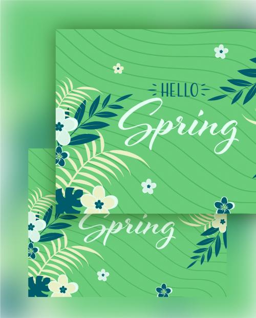 Adobe Stock - Flowers and Tropical Leaves Decorated on Green Wavy Stripe Background - 364552983