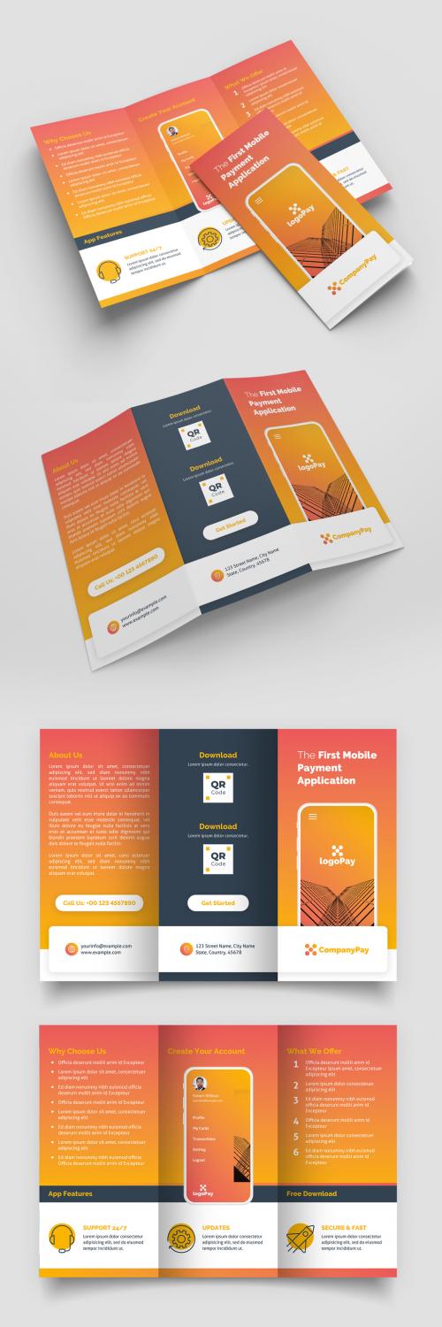 Adobe Stock - Trifold Brochure Layout with Orange Gradient Accents and Mobile Phone Illustrations - 366332750