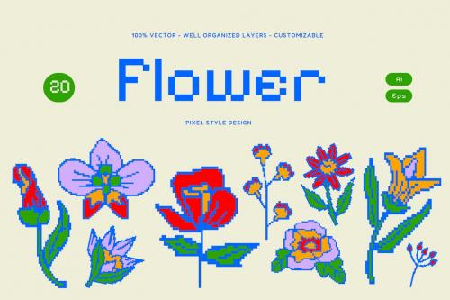 Cream Pixel Flower Illustration Set