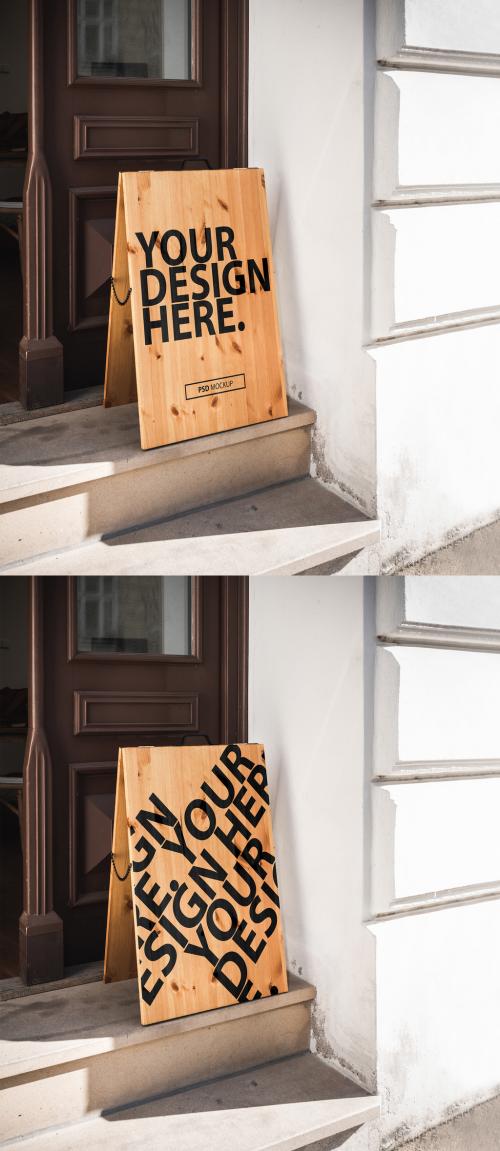 Adobe Stock - Wooden Signboard Stand Mockup Outside Store - 369336615