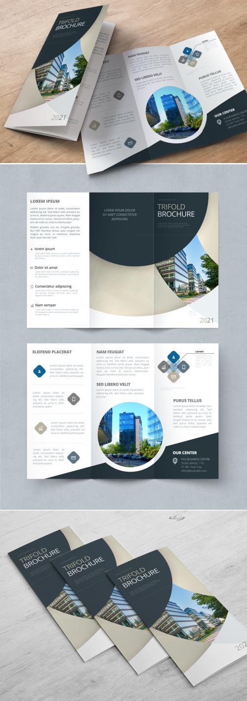 Adobe Stock - Trifold Brochure Layout with Dark and Biege Circles - 370641900