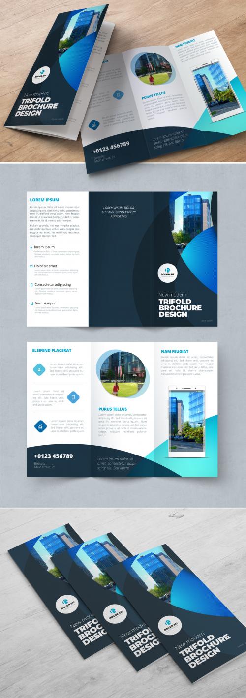 Adobe Stock - Dark Blue Trifold Brochure Layout with Circles - 370642313
