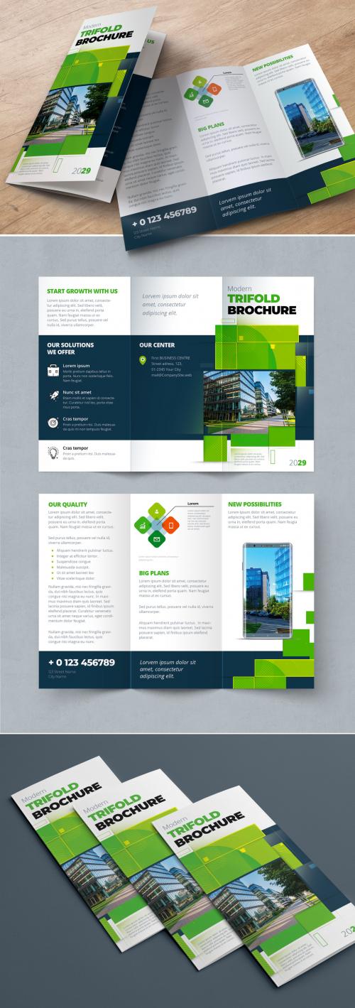 Adobe Stock - Green Trifold Brochure Layout with Rectangle Elements - 374945053