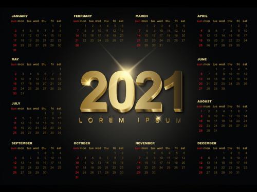Adobe Stock - Dark 2021 Calendar Layout with Golden Year Number - 374960298