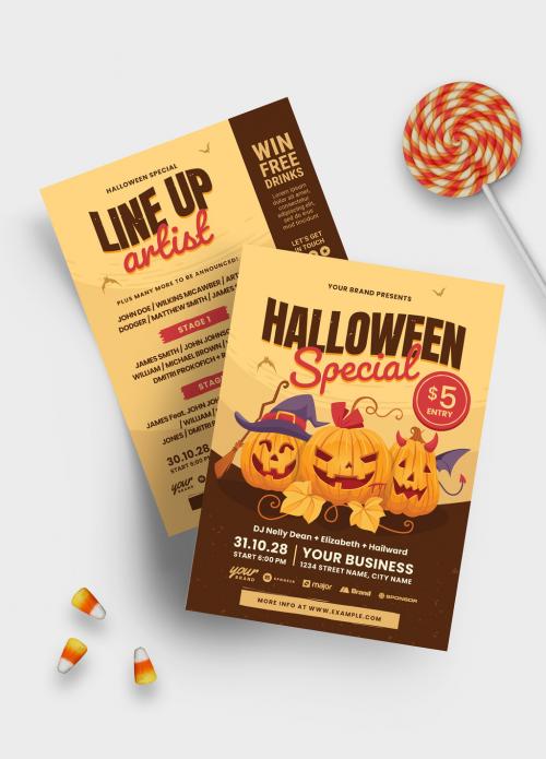 Adobe Stock - Halloween Flyer Layout with Cheerful Pumpkin Jack O Lanterns - 379454362