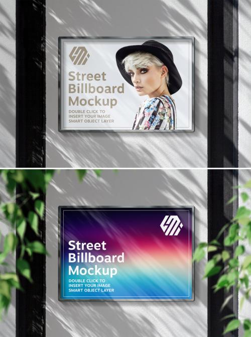 Adobe Stock - Vertical Billboard Hanging on Sunny Wall Mockup - 385078798