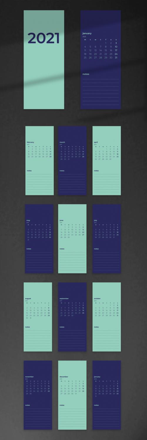 Adobe Stock - Printable Blue and Turquoise 2021 Monthly Calendar Layout - 385838173