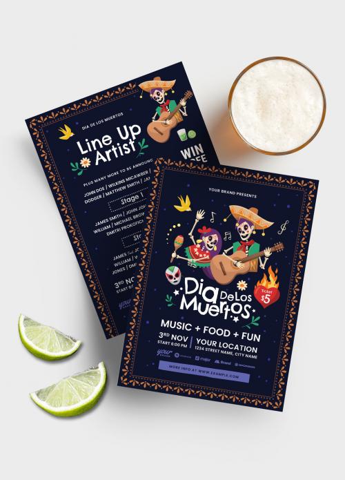 Adobe Stock - Día De Los Muertos Party Flyer Layout with Mexican Calacas Elements - 386453246