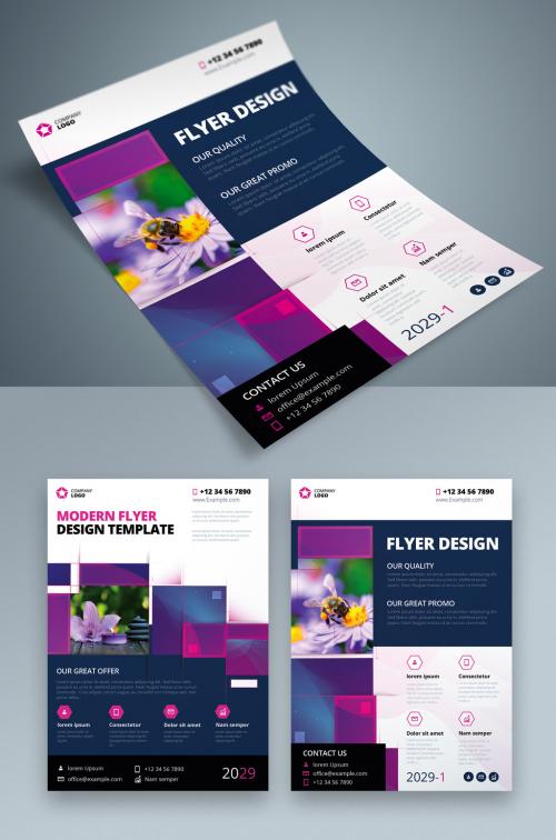 Adobe Stock - Flyer Layout with Violet Geometric Accents - 387465199