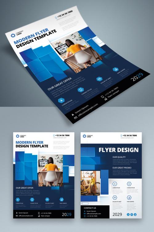 Adobe Stock - Flyer Layout with Blue Layered Rectangle Shapes - 387465267