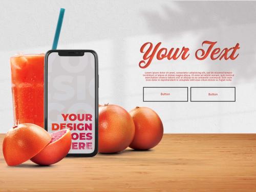 Adobe Stock - Modern Smartphone and Grapefruit Juice on Wooden Table Mockup - 388592049