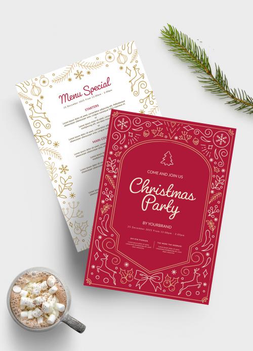 Adobe Stock - Festive Christmas Menu Flyer Layout with Ornate Illustrations - 388798014