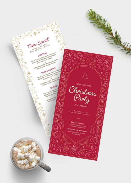 Adobe Stock - Thin Christmas Menu Card Layout with Festive Illustrations - 388798070