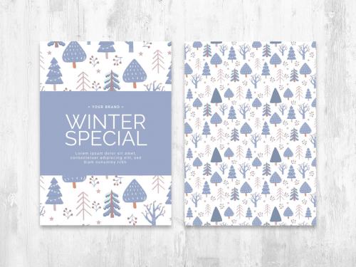 Adobe Stock - Snowy Winter Card Invite Layout with Scandinavian Christmas Tree Pattern - 389722423