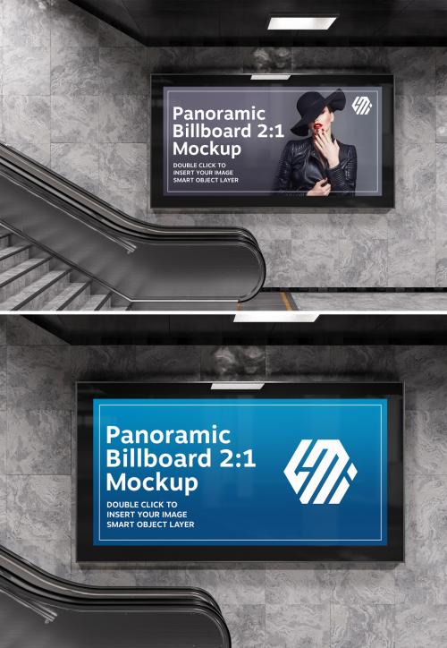 Adobe Stock - Panoramic Billboard on Subway Escalator Wall Mockup - 391332835