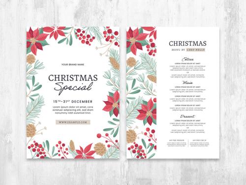 Adobe Stock - Christmas Menu Flyer Layout with Festive Foliage Illustrations - 392310574