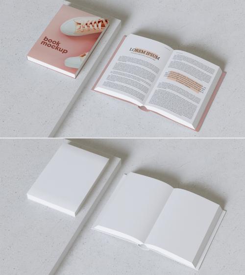 Adobe Stock - Top View of Open and Closed Book on Concrete Mockup - 392325240