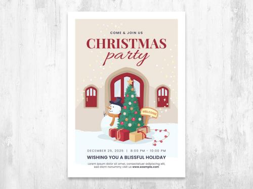 Adobe Stock - Christmas Card Flyer with Festive Scene of Snowman, Tree and Gifts - 392337630