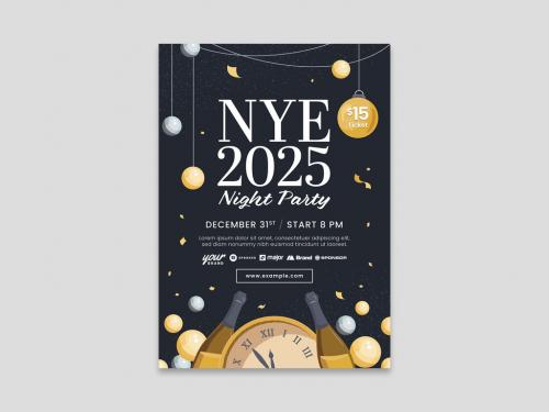 Adobe Stock - New Year's Eve Flyer Invitation with Clock and Bottles - 395423113